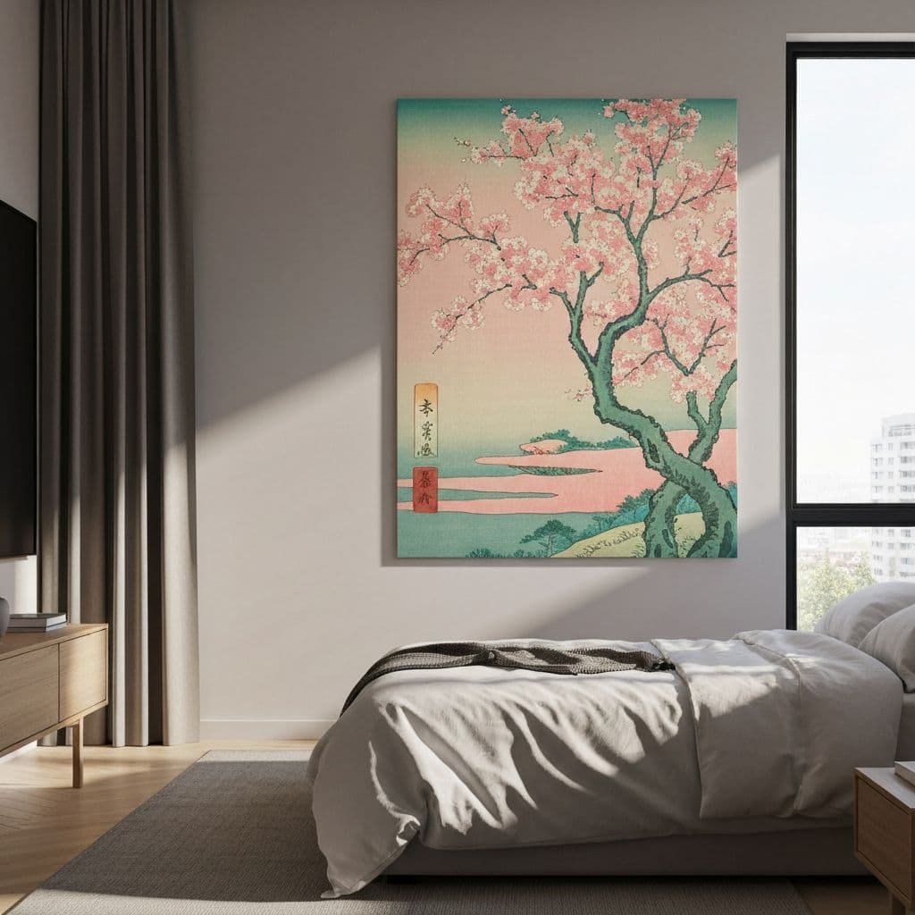 Japanese inspired art in a contemporary bedroom