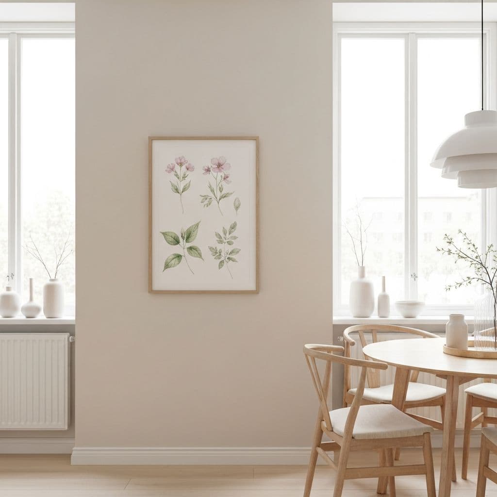 Watercolor botanical art in a Scandinavian dining room