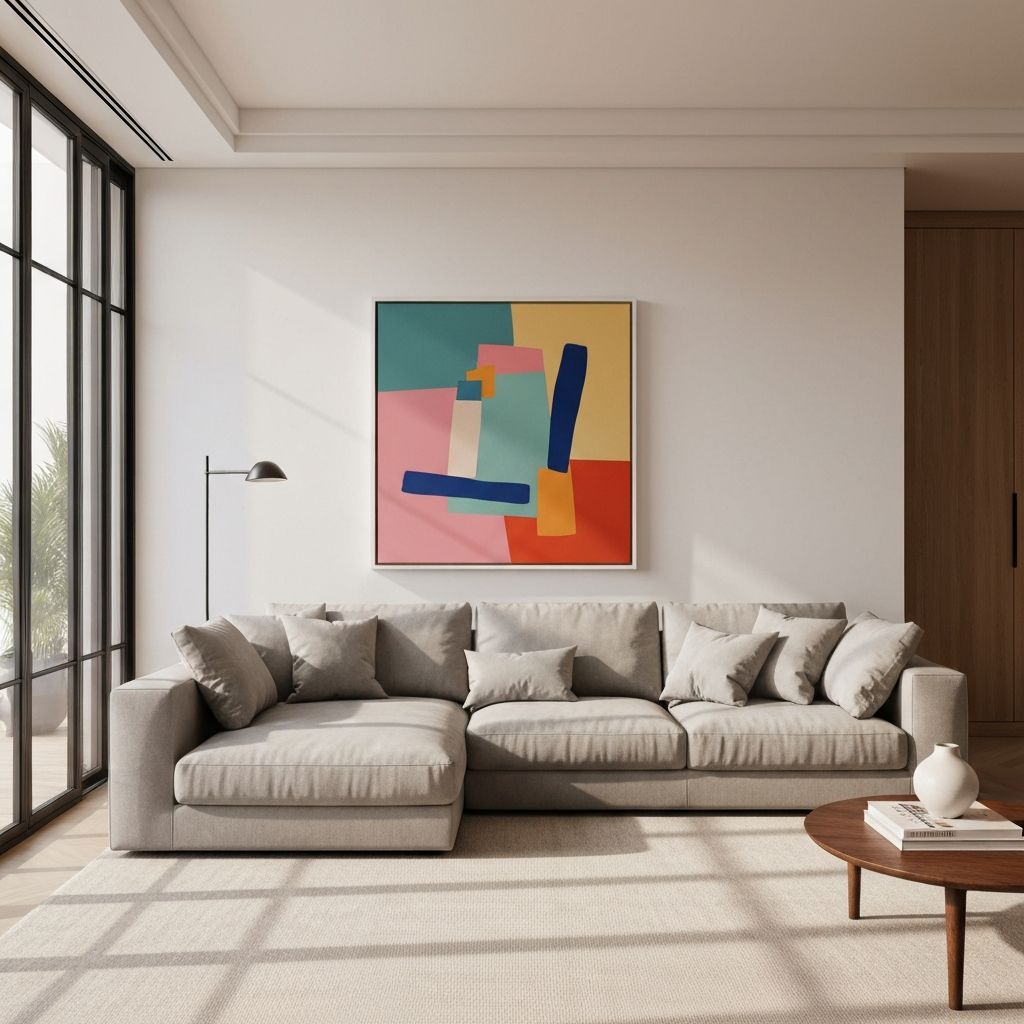 Modern living room with perfectly sized wall art above a sofa