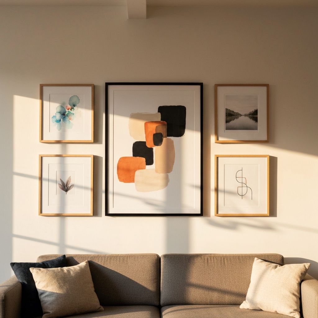 Gallery wall arrangement with multiple framed art prints