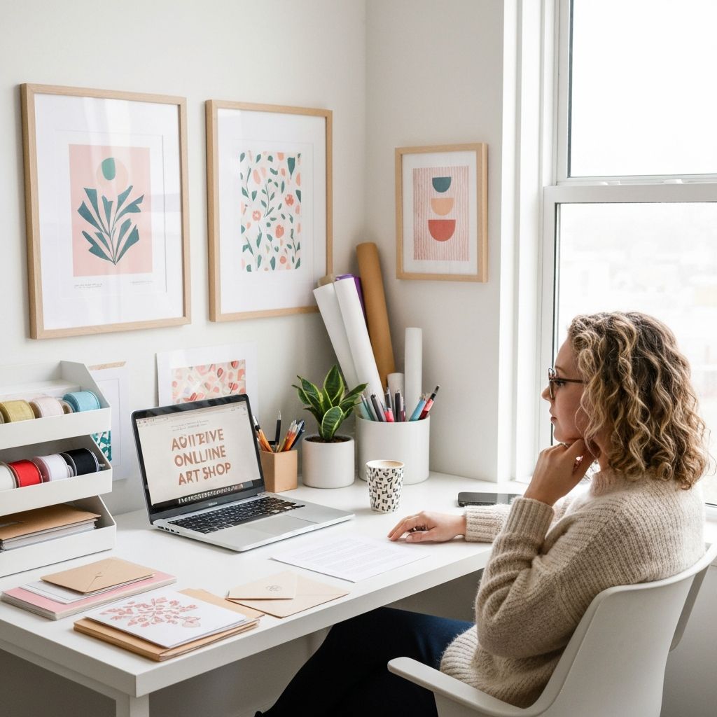 Frame shop owner with product display